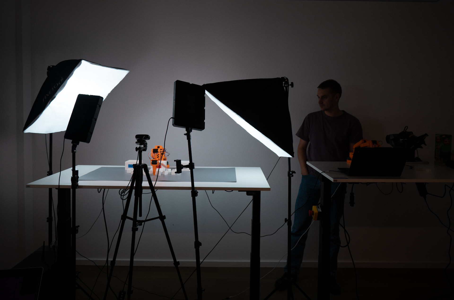 NAFAS robotics experiment setup with studio lights in the Zander Labs lab