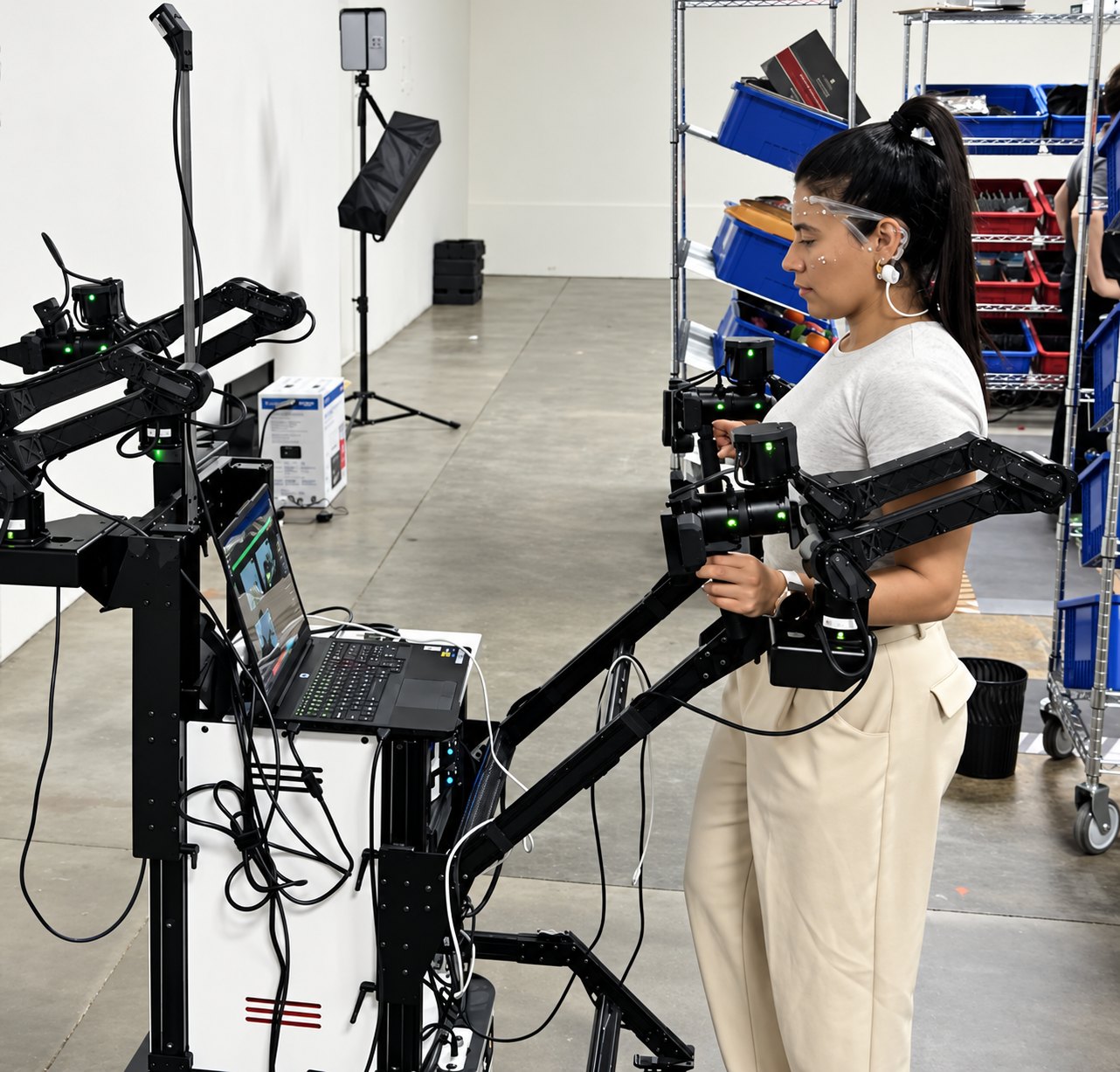 Operator in tracking glasses teleoperating a dual-arm robotic rig in the Zander Labs lab